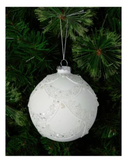 Hot Sale 💯 Myer Giftorium Luxe Glass Lace Grid With Pearls Bauble In White 🎉