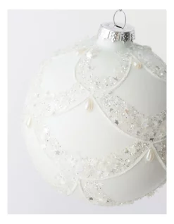 Hot Sale 💯 Myer Giftorium Luxe Glass Lace Grid With Pearls Bauble In White 🎉 -The Christmas Shop Sales unnamed file 1003