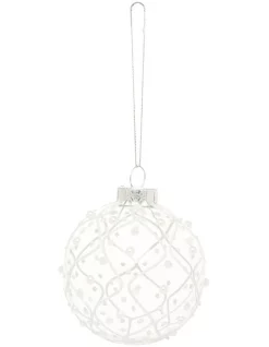 Flash Sale ✔️ Myer Giftorium Luxe Glass Rounded Grid W/ Pearls BaubleWhite: 8cm ❤️