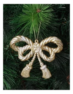 New 👍 Myer Giftorium Heirloom Glitter Plastic Tassled Bow OrnamentGold: 9 Cm 😍