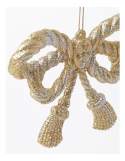 New 👍 Myer Giftorium Heirloom Glitter Plastic Tassled Bow OrnamentGold: 9 Cm 😍 -The Christmas Shop Sales unnamed file 1319