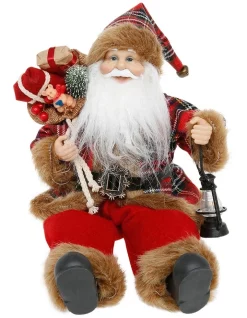Wholesale ⌛ Myer Giftorium Heirloom 25cm Red And Black Flannel Fur Sitting Santa Holding Lantern ❤️