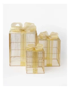 Budget π Myer Giftorium LED Gold-tone Thread Wrapped Gift Box Decoration Set Of 3 In Gold π