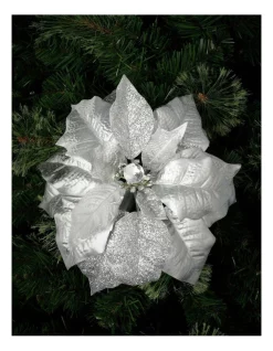 Budget 😉 Myer Giftorium Luxe Fabric Poinsettia With Glitter Pick 40cm In Silver 😉