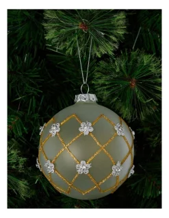 Cheapest 🔔 Myer Giftorium Luxe Glass Frosted Bauble With Grid Line & Gems 10cm In White 🤩