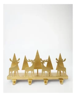 Promo 🎁 Myer Giftorium Heirloom Wooden 4-hook Reindeer Forest Stocking Holder 40 Cm In Gold ✨