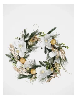 Cheap 😍 Myer Giftorium Luxe Faux Pine & Magnolia Wreath With Gold Baubles & Leaves 46 Cm 🎉