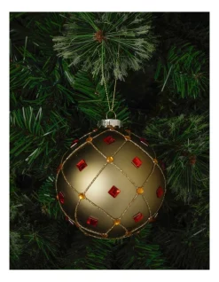 Best Sale 😍 Myer Giftorium Heirloom Glass Deco Pattern Bauble With Red Jewels Ornament 10 Cm In Gold 😍